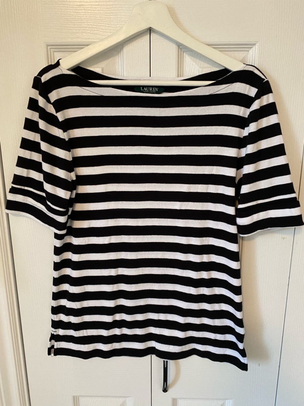 Ralph Lauren Boat Neck Roll Sleeve Black White Breton Stripe Tee Shirt Large